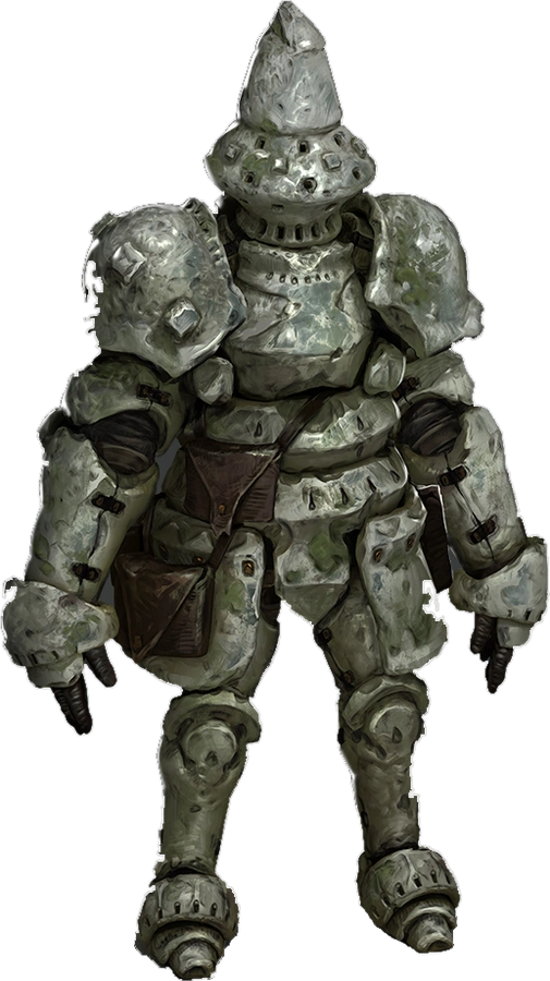 Barbarian class armor: an enormous figure encased head to toe in pitted stone-grey plate with a conical helm