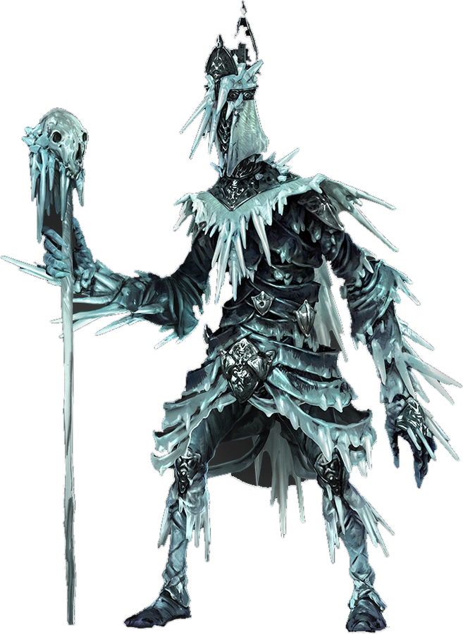 Frost Mage class armor: a pale figure clad in jagged accreted ice shards, holding a staff topped with a frozen skull