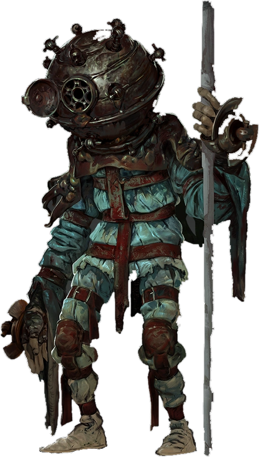 Plaguebearer class armor: a figure in a riveted diving-bell helm with portholes, verdigris wrappings and red straps, holding a polearm