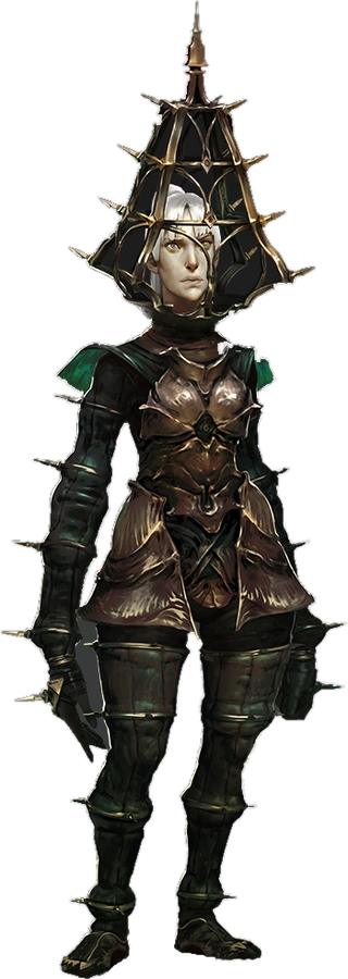 Stormbringer class armor: a slim figure in dark leather and plate wearing a tall crown of iron spikes