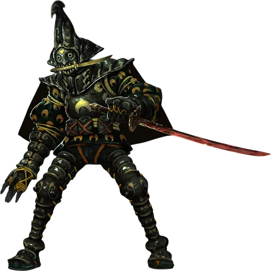 Wraith class armor: a dark lacquered figure with gold filigree, a horned helm, a long cape and a glowing red blade